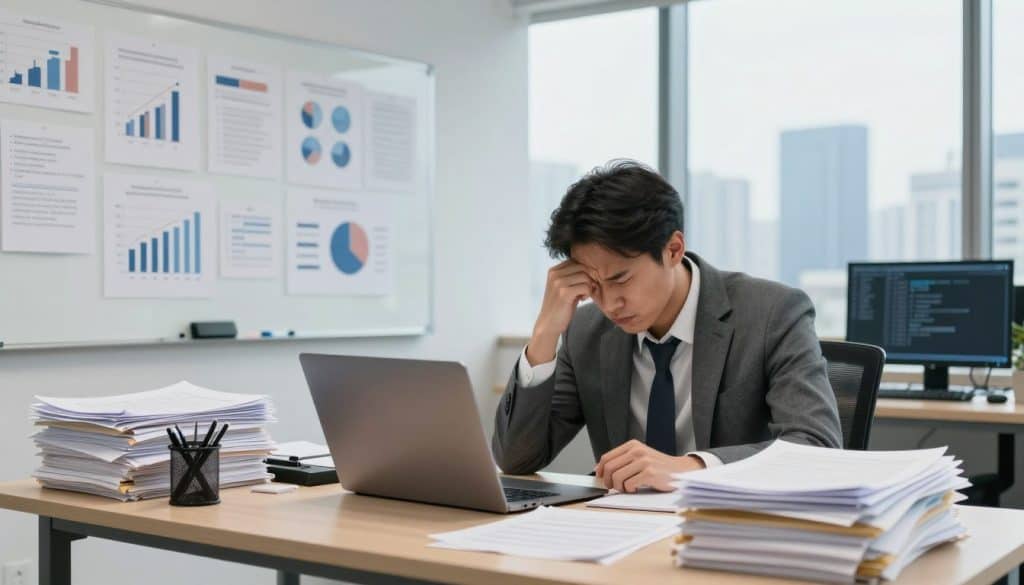 A busy entrepreneur in a modern office environment, surrounded by stacks of paperwork and digital devices, showcasing the chaos of traditional work methods. In the foreground, a stressed businessperson in professional attire with a furrowed brow examines a cluttered desk. The middle ground features a wall-mounted whiteboard filled with complex charts and diagrams depicting inefficiencies, while a laptop displays overflowing emails. In the background, a large window reveals a city skyline, symbolizing growth potential. Soft, natural light floods the scene, highlighting the contrast between the entrepreneur's busy state and the distant, serene view of the outside world. The atmosphere is one of tension and urgency, capturing the struggle of scaling a business amidst daily chaos. A busy entrepreneur in a modern office environment, surrounded by stacks of paperwork and digital devices, showcasing the chaos of traditional work methods. In the foreground, a stressed businessperson in professional attire with a furrowed brow examines a cluttered desk. The middle ground features a wall-mounted whiteboard filled with complex charts and diagrams depicting inefficiencies, while a laptop displays overflowing emails. In the background, a large window reveals a city skyline, symbolizing growth potential. Soft, natural light floods the scene, highlighting the contrast between the entrepreneur's busy state and the distant, serene view of the outside world. The atmosphere is one of tension and urgency, capturing the struggle of scaling a business amidst daily chaos.
