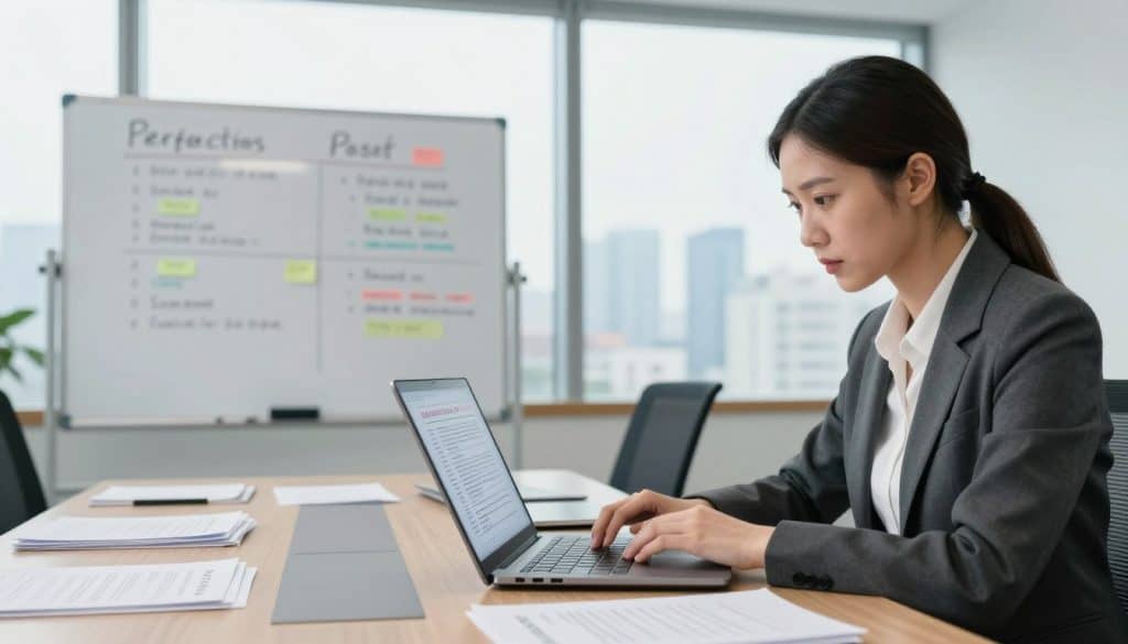 A dynamic business office environment showcasing the dual nature of perfectionism. In the foreground, a businesswoman dressed in professional attire, focused intently on a flawless presentation displayed on her laptop. In the middle ground, a well-organized meeting table with neatly arranged documents and a pristine whiteboard filled with color-coded notes, symbolizing high standards. In the background, a large window reveals a bright city skyline, contrasting a sense of ambition with potential stress. Soft, diffused lighting highlights the scene, creating a professional yet slightly tense atmosphere. Capture the essence of striving for excellence while hinting at the burden it can bring, utilizing a slight tilt-angle perspective to emphasize the tension between ambition and pressure.