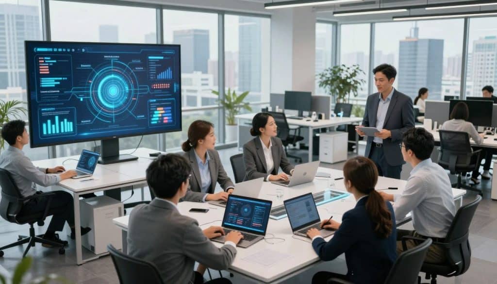 A modern office environment filled with interconnected digital screens and data flow diagrams showcasing scalable business systems. In the foreground, a diverse group of professionals in smart business attire are engaged in a collaborative meeting, reviewing charts and graphs on a large digital display. The middle ground features stylish workstations with laptops and futuristic technology seamlessly integrated into the workspace. In the background, a panoramic cityscape through floor-to-ceiling windows, symbolizing growth and potential. Soft, natural light illuminates the scene, creating an optimistic atmosphere. The composition should be shot from a slightly elevated angle, highlighting the group’s interaction and the technological elements around them, evoking a sense of forward-thinking and innovation. A modern office environment filled with interconnected digital screens and data flow diagrams showcasing scalable business systems. In the foreground, a diverse group of professionals in smart business attire are engaged in a collaborative meeting, reviewing charts and graphs on a large digital display. The middle ground features stylish workstations with laptops and futuristic technology seamlessly integrated into the workspace. In the background, a panoramic cityscape through floor-to-ceiling windows, symbolizing growth and potential. Soft, natural light illuminates the scene, creating an optimistic atmosphere. The composition should be shot from a slightly elevated angle, highlighting the group’s interaction and the technological elements around them, evoking a sense of forward-thinking and innovation.