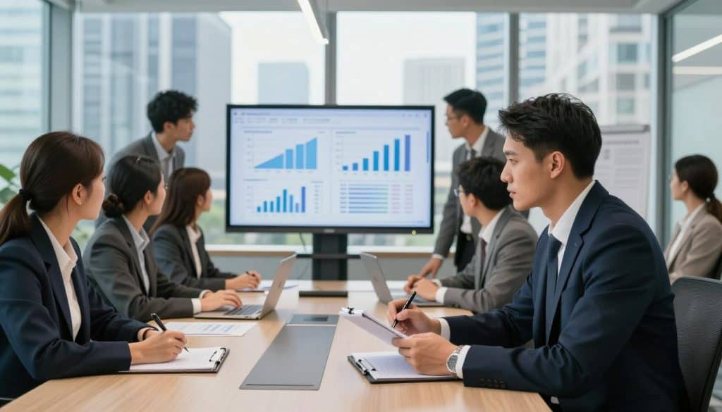 A modern, sleek office environment filled with natural light, showcasing a diverse group of professionals in business attire, intensely collaborating around a large conference table. In the foreground, a focused individual holds a notepad, jotting down ideas with a look of determination. The middle ground features a digital screen displaying meticulous graphs and project timelines, highlighting attention to detail. In the background, large windows reveal a bustling cityscape, symbolizing competitiveness. The atmosphere is dynamic yet polished, with a sense of urgency and purpose, emphasizing the advantages of perfectionism in a corporate setting. Soft, professional lighting enhances the clarity of details, creating an inspiring and motivating mood.