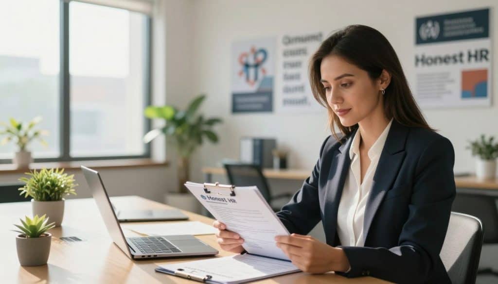 A professional office setting in focus, lit by warm, natural light streaming through large windows, creating a welcoming atmosphere. In the foreground, a confident businesswoman dressed in a smart blazer and blouse holds a clipboard, examining a stack of resumes on a sleek desk. She demonstrates an engaged, thoughtful expression, showcasing her readiness to hire. In the middle, a modern meeting table displays a laptop and a few potted plants, reflecting productivity and organization. In the background, a bright office wall adorned with motivational posters and inspirational quotes enhances the feeling of readiness and professionalism. The overall mood is optimistic and empowering, capturing the essence of being prepared to expand a team. The brand name "Honest HR" subtly integrated into the design elements of the workspace.