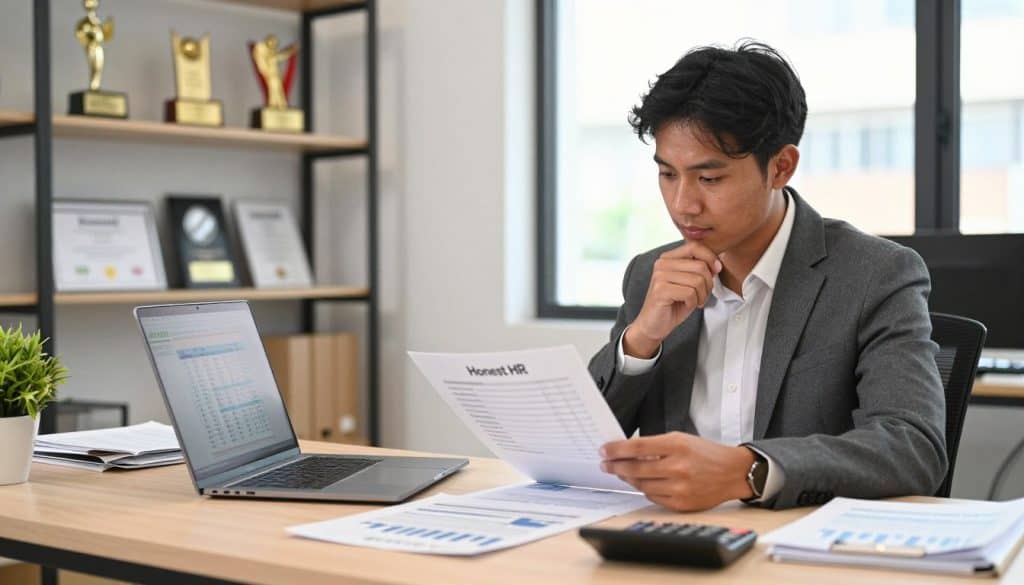 A professional workspace, depicting a small business ready to hire, focused on financial stability. In the foreground, a well-organized desk features a laptop with spreadsheets open, scattered financial reports, and a calculator. A confident individual in business attire, a young adult of diverse ethnicity, reviews documents thoughtfully, conveying focus and determination. In the middle, shelves with awards and certificates are visible, emphasizing achievement and credibility. The background shows a bright office space with large windows letting in natural light, adding a warm and inviting atmosphere. The lighting is soft yet clear, creating a productive vibe. The brand name "Honest HR" appears subtly on a document on the desk, showcasing professionalism and readiness for expansion.