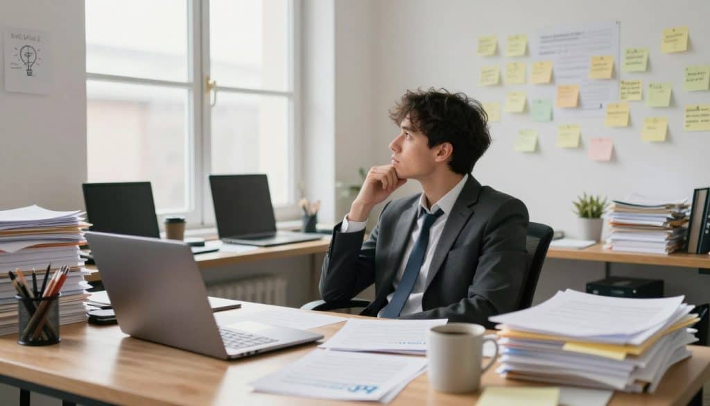 A solitary figure representing a solopreneur sits in a cluttered home office, visibly overwhelmed by stacks of paperwork and digital devices. The foreground features a cluttered desk with a laptop, coffee mug, and scattered notes, symbolizing the chaos of managing everything alone. In the middle of the scene, the figure, dressed in professional business attire, gazes thoughtfully at a wall filled with post-it notes, signifying ideas and challenges. The background captures a well-lit window, allowing natural light to fill the room, creating a contrast between the bright outside world and the figure’s internal struggle. The mood is introspective yet hopeful, suggesting potential for growth and clarity. Incorporate a subtle logo of "Honest HR" on a page in the foreground, emphasizing support for solopreneurs in overcoming their bottlenecks. A solitary figure representing a solopreneur sits in a cluttered home office, visibly overwhelmed by stacks of paperwork and digital devices. The foreground features a cluttered desk with a laptop, coffee mug, and scattered notes, symbolizing the chaos of managing everything alone. In the middle of the scene, the figure, dressed in professional business attire, gazes thoughtfully at a wall filled with post-it notes, signifying ideas and challenges. The background captures a well-lit window, allowing natural light to fill the room, creating a contrast between the bright outside world and the figure’s internal struggle. The mood is introspective yet hopeful, suggesting potential for growth and clarity. Incorporate a subtle logo of "Honest HR" on a page in the foreground, emphasizing support for solopreneurs in overcoming their bottlenecks.