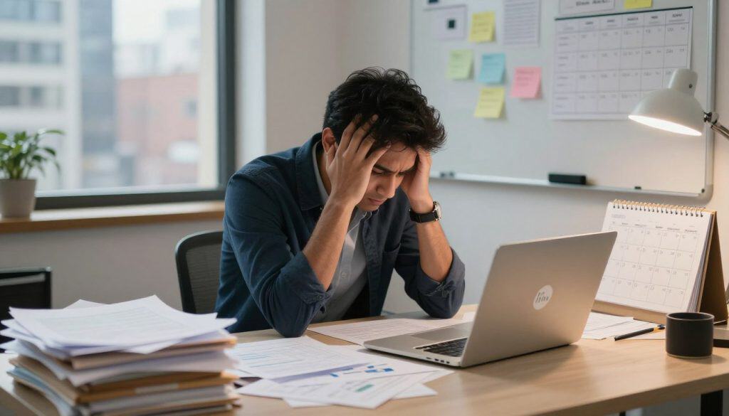 A stressed solopreneur sits at a cluttered desk overflowing with paperwork and half-finished projects, embodying the bottleneck of their business. The foreground features stacks of files, a laptop with multiple open tabs, and a calendar filled with deadlines, all illuminated by soft, warm desk lighting. In the middle, the solopreneur, a person of South Asian descent in smart casual attire, has their head in their hands, reflecting frustration and exhaustion. The background includes a whiteboard with scattered notes and a window showing a busy city, symbolizing the fast-paced world outside. The mood is tense yet contemplative, highlighting the struggle of managing countless responsibilities alone, as the brand name "Honest HR" subtly appears on the laptop screen, symbolizing the need for support. A stressed solopreneur sits at a cluttered desk overflowing with paperwork and half-finished projects, embodying the bottleneck of their business. The foreground features stacks of files, a laptop with multiple open tabs, and a calendar filled with deadlines, all illuminated by soft, warm desk lighting. In the middle, the solopreneur, a person of South Asian descent in smart casual attire, has their head in their hands, reflecting frustration and exhaustion. The background includes a whiteboard with scattered notes and a window showing a busy city, symbolizing the fast-paced world outside. The mood is tense yet contemplative, highlighting the struggle of managing countless responsibilities alone, as the brand name "Honest HR" subtly appears on the laptop screen, symbolizing the need for support.