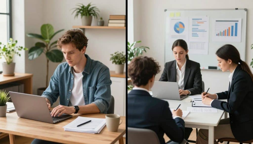 A visually engaging split-image scene illustrating the core differences between being self-employed and owning a business. On the left, depict a self-employed individual working from a cozy home office, surrounded by personal touches like plants and books, focused on a laptop. He is wearing smart casual attire. On the right, illustrate a business owner in a sleek modern office, overseeing a team of professionals in business attire, with charts and graphs on a whiteboard in the background. Use natural warm lighting to create a welcoming atmosphere. The image should be framed from a slightly elevated perspective, highlighting the contrast in settings and lifestyle. The overall mood is informative and inspiring, inviting viewers to reflect on their career choices. A visually engaging split-image scene illustrating the core differences between being self-employed and owning a business. On the left, depict a self-employed individual working from a cozy home office, surrounded by personal touches like plants and books, focused on a laptop. He is wearing smart casual attire. On the right, illustrate a business owner in a sleek modern office, overseeing a team of professionals in business attire, with charts and graphs on a whiteboard in the background. Use natural warm lighting to create a welcoming atmosphere. The image should be framed from a slightly elevated perspective, highlighting the contrast in settings and lifestyle. The overall mood is informative and inspiring, inviting viewers to reflect on their career choices.